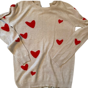 Cream Sweater with Red Heart Motif - Women's Long Sleeve Top
